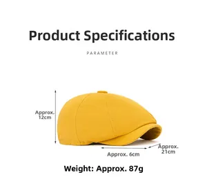 Detailed size parameters for the yellow cotton newsboy cap with precise measurements