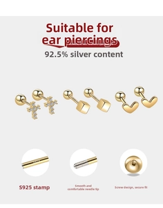 Close-up of S925 sterling silver screw-back studs with cross, heart and square charms