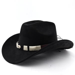 Detail of black felt cowboy hat featuring a braided band and natural white shell accent