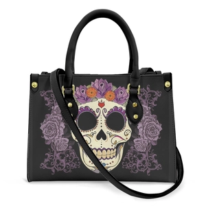 Halloween sugar skull tote bag with purple roses and adjustable shoulder strap
