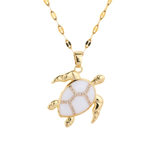 Golden turtle pendant necklace with white enamel and sparkling rhinestones for women