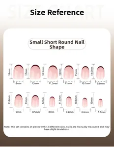 Size chart for short round press-on nails including 12 specific sizes and measurements