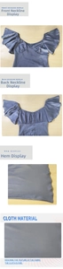 Gros plan sur une robe en satin bleu clair avec poignets à volants et col en V plissé