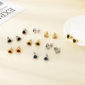 Heart Shaped Stud Earrings Stainless Steel With Colorful Gems French Vintage Style Elegant Ins Jewelry For Women