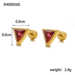 Elegant geometric triangle red zircon stud earrings with gold-tone stainless steel base