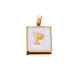 Detail of a square gold pendant featuring a white mother of pearl inlay and letter P
