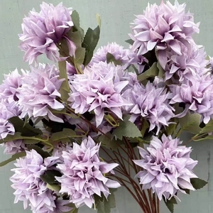Three-head purple artificial ball chrysanthemum flowers with realistic green leaves for decor