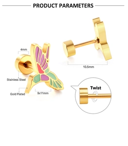 Detail of gold-plated stainless steel hummingbird stud earring with colorful enamel filling