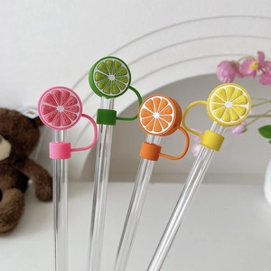 Set of 4 glass straws with lemon and grapefruit silicone dust caps and covers