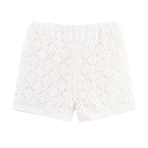French style white hollow-out crochet knit shorts with elastic waist and floral pattern
