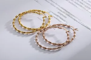 Detailed view of bamboo textured hoop earrings in gold and rose gold finishes on a book