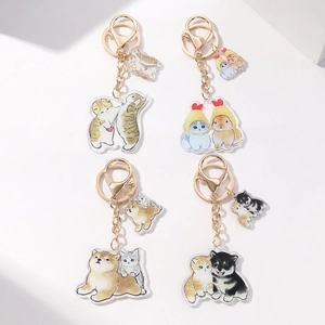 Cute Cartoon Acrylic Keychain Cat Dog Rabbit Heart Double Pendant Bag Charm Accessory Gift For Kids Women Girls Decoration