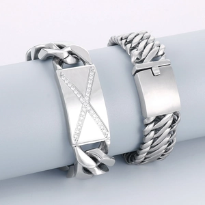 Bracelet À Maillons Cubains Pour Hommes Acier Inoxydable 316L Lourd Large Mat Brossé Motif X Zircon Hip Hop Punk