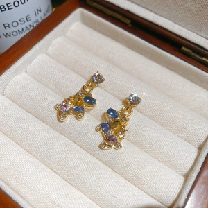 Macro shot of gold-plated horse stud earring with colorful crystals in a jewelry box