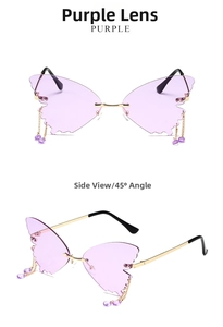 Detail of purple butterfly rimless sunglasses with gold metal chains and bead charms