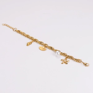 Golden stainless steel pearl bracelet with starfish, seashell and conch charms