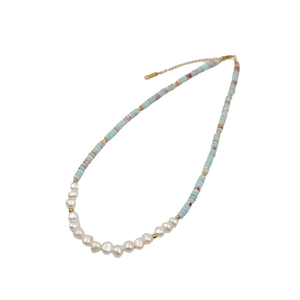 Colorful handmade beaded necklace with natural irregular pearls and blue disc beads