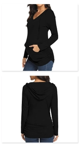 Detail of black maternity hoodie with side ruching, showing front and back views