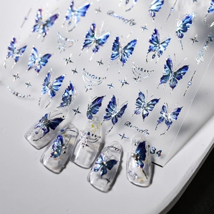 Self-adhesive blue laser butterfly nail stickers with holographic effect and moon patterns
