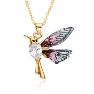 Golden hummingbird pendant necklace with pear-shaped gemstone and colorful wings