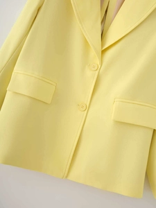 Detail view of bright yellow satin blazer showing lapels and double-button pockets