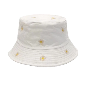 White cotton bucket hat with daisy embroidery details and sun protection design