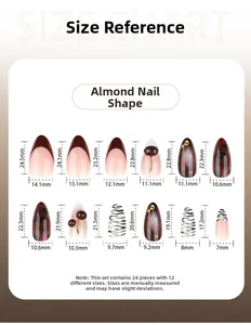 Tableau des tailles pour faux ongles amande avec 12 dimensions et pack de 24 pièces