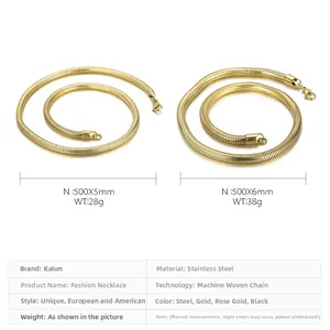 Detailed size chart for stainless steel round snake bone chain necklaces in various widths