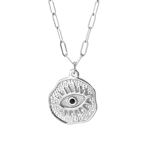 Silver evil eye irregular pendant necklace with paperclip chain on white background