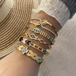Butterfly Evil Eye Clover Stainless Steel Bangle Bracelet For Women Gold Plated Zircon Inlaid Retro Hollow Cuff Jewelry