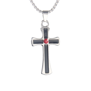 Minimalist silver stainless steel cross necklace with black enamel and red rhinestone