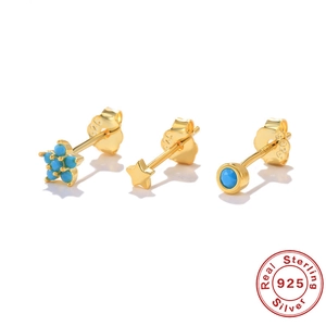 Detailed macro view of 925 sterling silver earring set with turquoise star and round studs