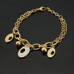 Stainless Steel Bracelet 18K Gold Plated Double Layer Chain Charm Jewelry For Women With Rhinestone Oval And Beads