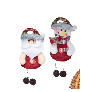 Christmas plush ornaments featuring Santa Claus and Snowman with festive plaid scarves