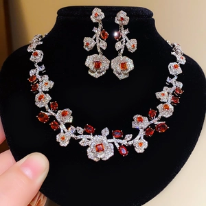 French zircon flower jewelry set with silver necklace and orange stone earrings