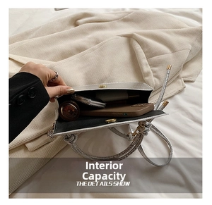 Silver stone texture handbag showing interior space for phone and cosmetics