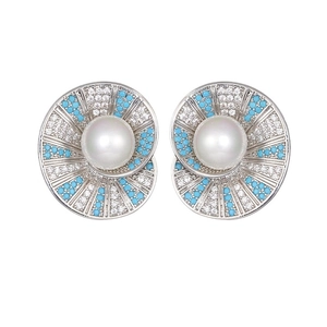 Elegant S925 silver stud earrings with shell design, blue stones and white pearls