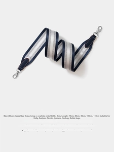Close-up of 5cm wide blue and silver striped fabric shoulder strap with leather ends