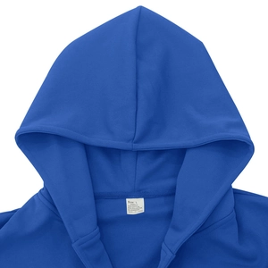 Detail of blue hoodie neckline with high-quality stitching and care label info