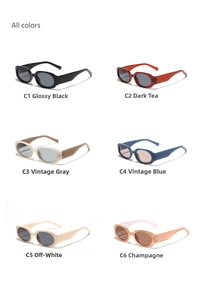 Collage of narrow square sunglasses in six colors including black, tea, grey, blue, and beige