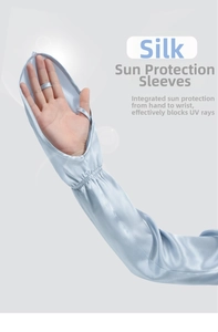 Detail of light blue mulberry silk sun sleeves with finger loop for UV protection