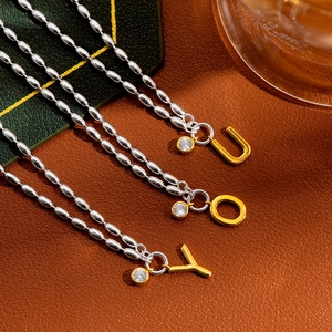 S925 silver beaded bracelets with gold letter charms and sparkling zircon accents