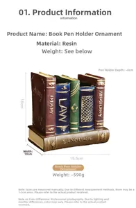 Detailed view of vintage book-shaped resin pencil holder showing material and size dimensions