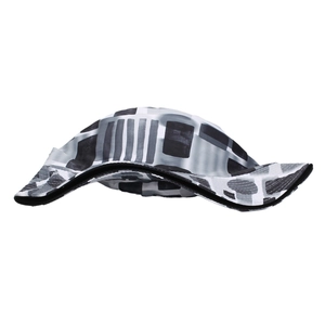 Outdoor bucket hat featuring modern black and white geometric pattern print for sun protection