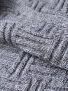 Detailed macro view of gray cable knit texture on a soft asymmetric sweater