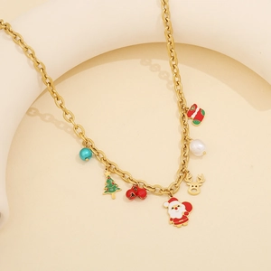 Bracelets Boucles D'oreilles Et Collier En Acier Inoxydable 304 Plaqué Or 18 Carats Avec Émail Et Perles Arbre De Noël Mignon Père Noël Élan