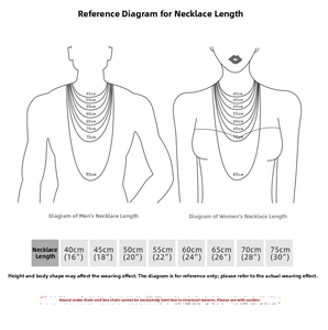 Size guide for S925 silver necklaces with length chart from 40cm to 90cm for men and women