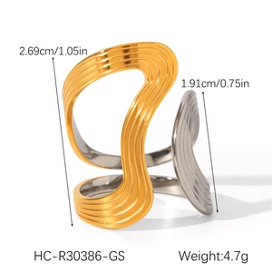 Detail view of two-tone irregular wavy hollow ring with polished gold and silver finish