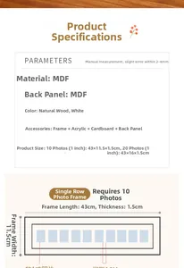 Size chart showing 10 and 20 photo slot frame dimensions in MDF wood material