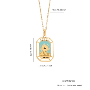 Detailed dimensions of the gold Tarot The Sun rectangular stainless steel pendant necklace